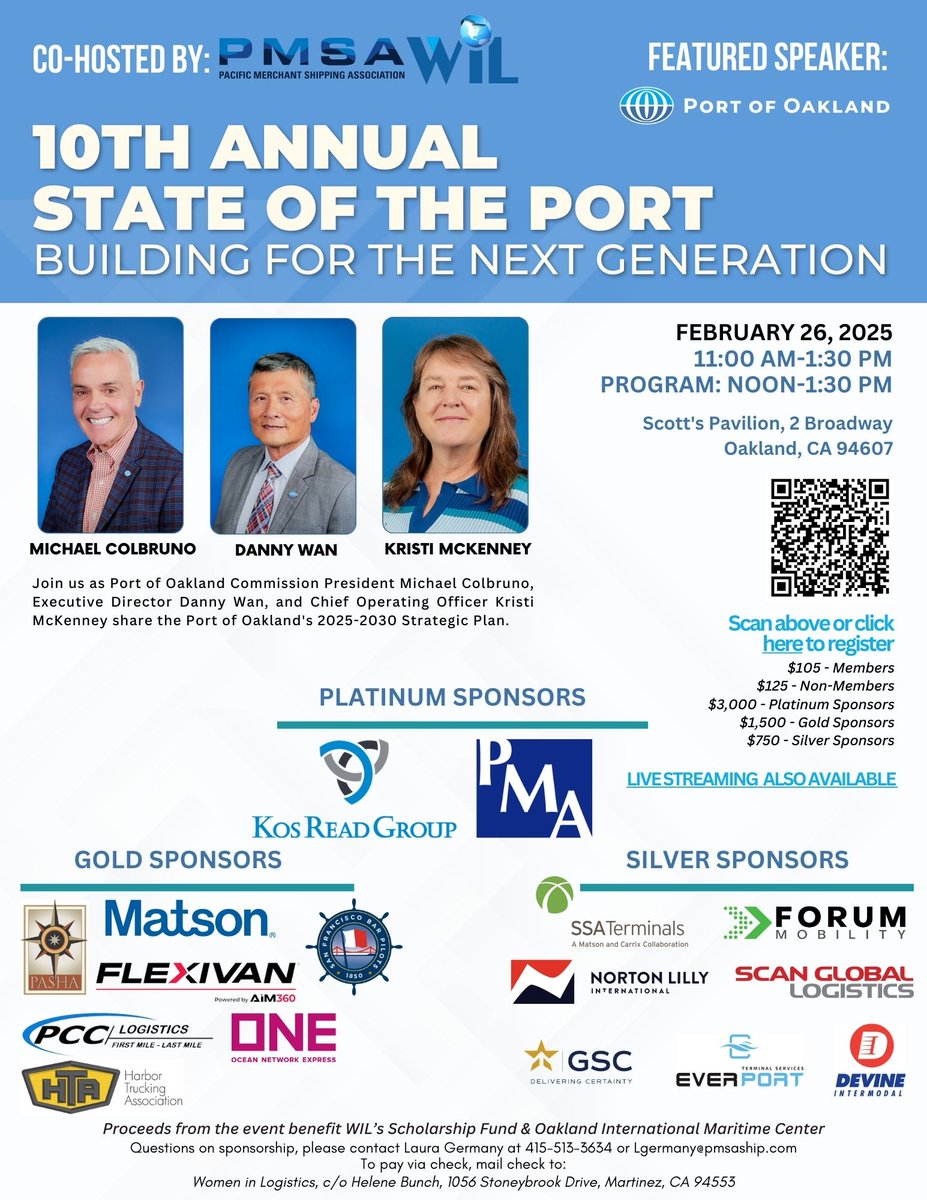 WILNorcal's tweet photo. 2 WEEKS AWAY!!! Join us Wednesday, February 26th at Scott's Pavilion in Oakland, CA for the 10th Annual State of the @PortofOakland, co-hosted by WIL &amp; @PMSAship. All proceeds benefit the International Maritime Center &amp; WIL's scholarship fund.

Register: https://t.co/MWeFuWxzru https://t.co/nuvTvo8QTe