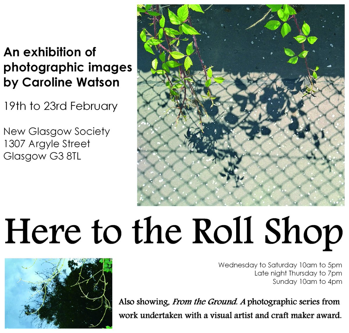 Paisley artist &amp; Creative Renfrewshire board member Caroline Watson's photography exhibition "Here to the Roll Shop" &amp; "From the Ground" is coming to Glasgow!  New Glasgow Society, 1307 Argyle St. Feb 19-23. Wed-Sat 10-5, Thurs till 7, Sun 10-4. #photography #GlasgowArt