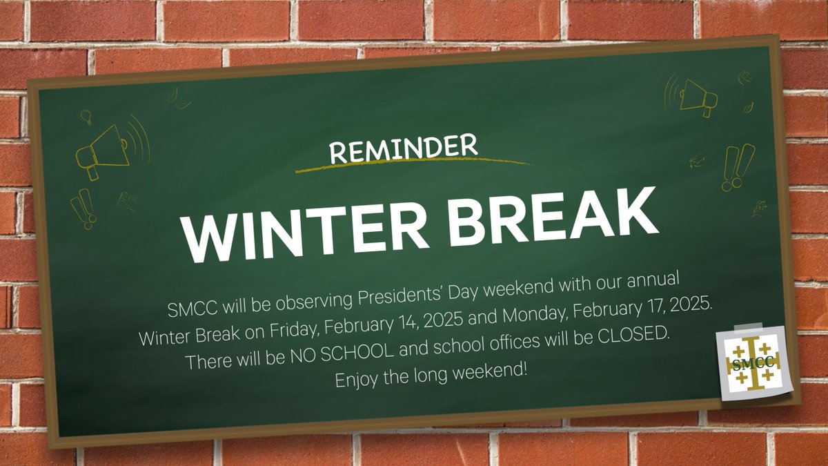 SMCCMonroe's tweet photo. SMCC will be observing Presidents’ Day weekend with our annual Winter Break on Friday, February 14, 2025 and Monday, February 17, 2025. There will be NO SCHOOL and school offices will be CLOSED. Enjoy the long weekend! #BeSaltAndLight #YouBelongHere https://t.co/c12iqAuUSk