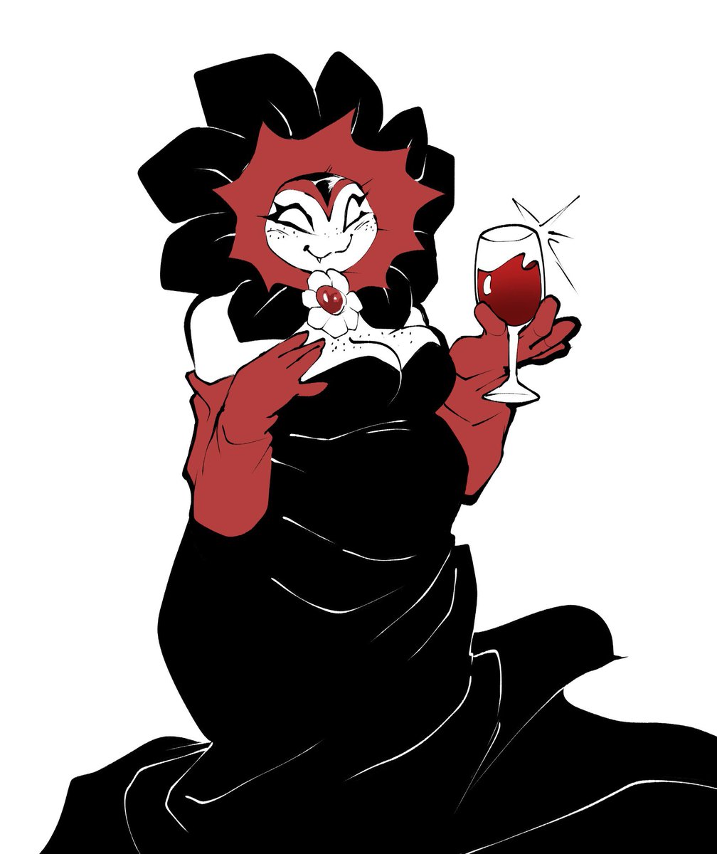 Vivi in a black dress with long, red gloves holding a wine glass. Her belly is full of blood.