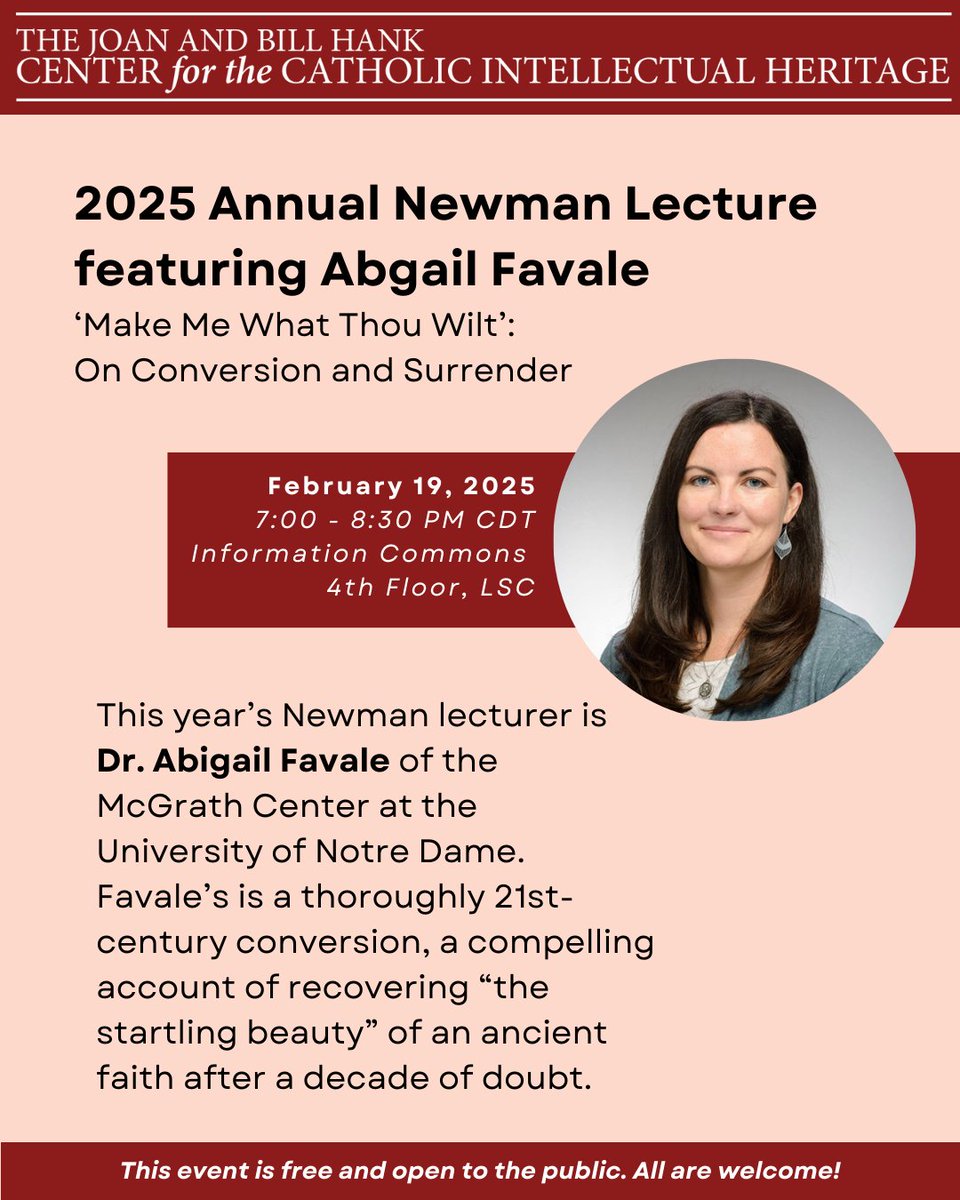 Tomorrow (2/19) at 7pm, join us for our 2025 Newman Lecture, "Make Me What Thou Wilt: On Conversion and Surrender" by <a href="/FavaleAbs/">Abigail Favale</a>. Favale will share her story on discovering the beauty of the Catholic faith and prying open It's mysteries. All are welcome! <a href="/McGrathND/">McGrath Institute for Church Life</a>