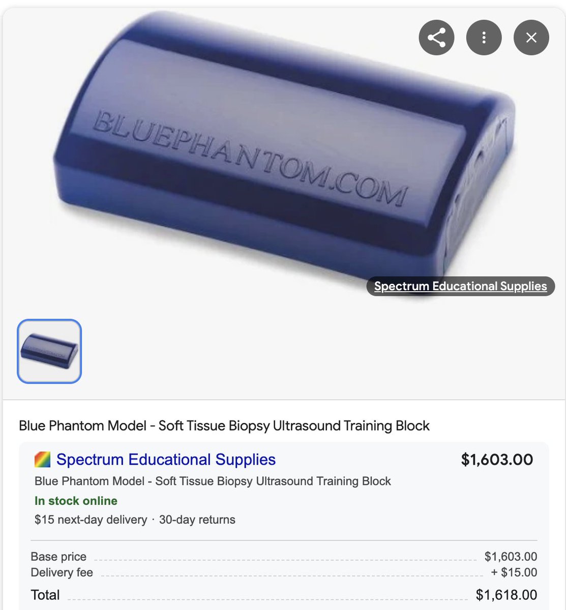 Have other #PoCUS #MedED educators noticed the ridiculous cost of gel block phantoms these days? I remember when these were less than $300 (and I thought that was expensive then!). Yes, I know you can DIY them, but who's got time for that... <a href="/dan___kim/">Dan Kim</a> @GillianSheppar9 <a href="/CAEP_EUC/">CAEP Emergency Ultrasound Committee</a>