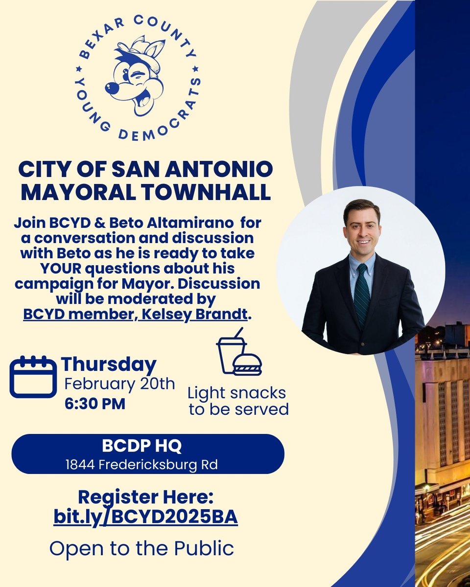 Bexar County Young Democrats (@bexaryd) on Twitter photo You asked, and we answered! The second of five mayoral forums is just a week away! Join us as <a href="/betoaltamirano/">Beto Altamirano</a> takes your questions and shares his vision for San Antonio. Don’t miss it—Thursday, Feb. 20, at 6:30 PM at Democratic HQ! Forum moderated by BCYD member Kelsey Brandt You asked, and we answered! The second of five mayoral forums is just a week away! Join us as <a href="/betoaltamirano/">Beto Altamirano</a> takes your questions and shares his vision for San Antonio. Don’t miss it—Thursday, Feb. 20, at 6:30 PM at Democratic HQ! Forum moderated by BCYD member Kelsey Brandt