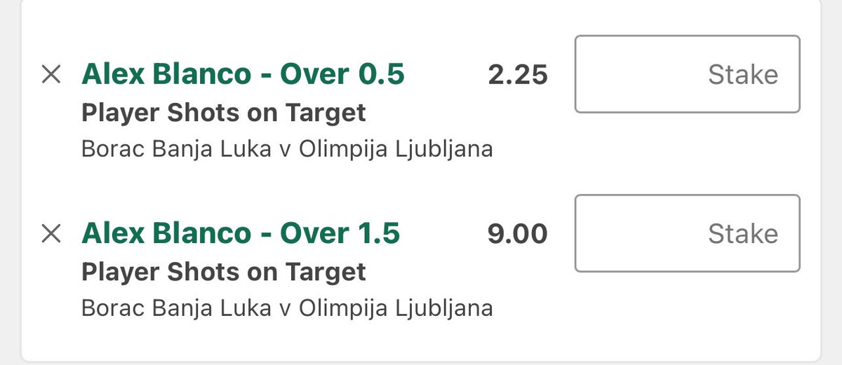 🇪🇺 Borac Banja Luka vs Olimpija Ljubljana

Alex Blanco Over 0.5 Shots on Target

Stake 1u @ 2.25

1.80 Min

Alex Blanco Over 1.5 Shots on Target

Stake 0.25u @ 9.00

5.50 Min

Stats for the league are relatively non existent but Blanco has played 5 Conference League games and has