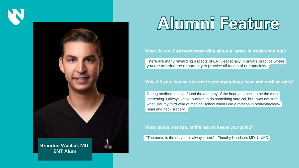 ENT Alumni Feature!✨

Dr. Brandon Wachal (UNMC ‘11-‘20) found a passion for ENT during med school and now specializes in facial plastic surgery. His advice to residents: absorb every lesson and experience, as it will pay off in practice.

 #ENTAlumni