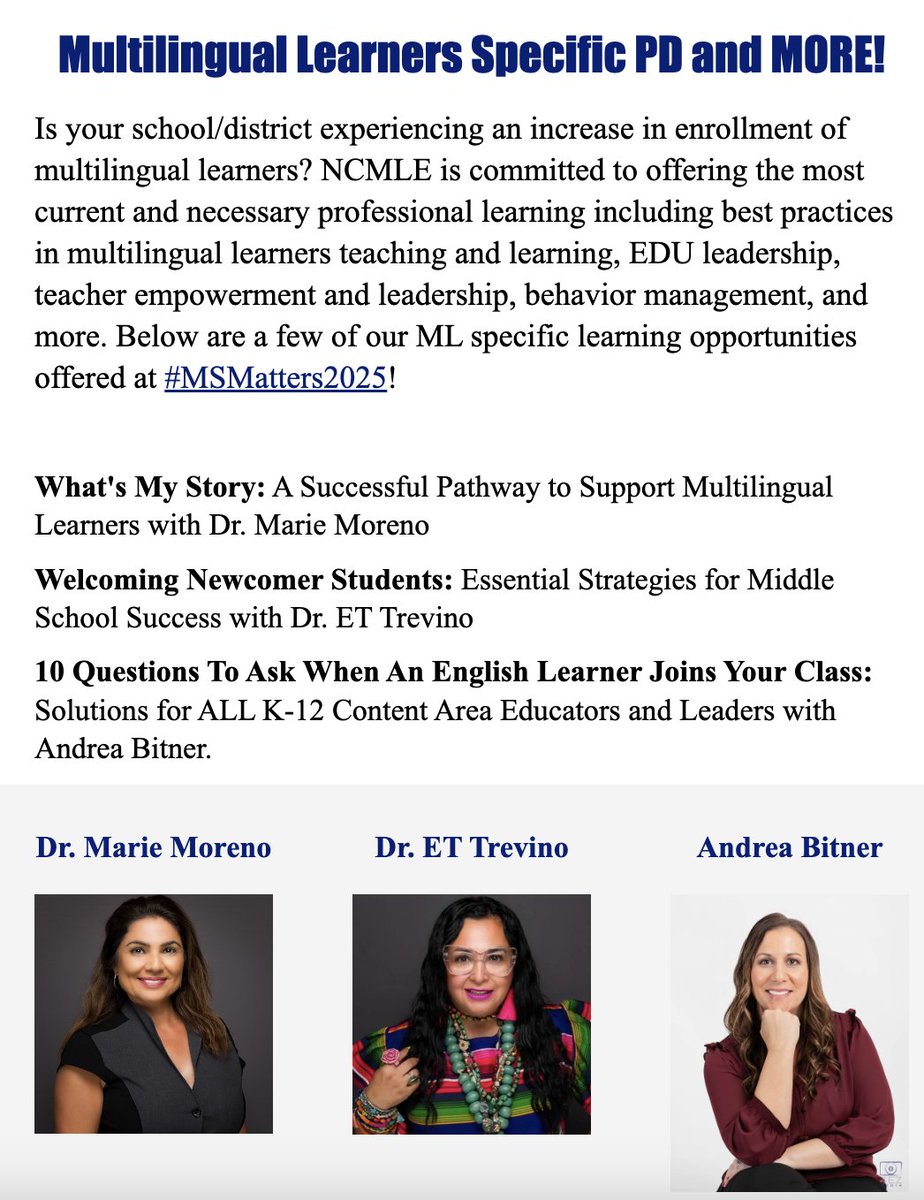 NCMiddle's tweet photo. The 2025 NCMLE Conference features 100+ various middle level specific professional development sessions. ๐ฏ๐ฅ
Join us for the most innovative and current teaching practices that will take your students' achievement to the highest level. ๐๐โโ๏ธ
#MSMatters will have it all! ๐ https://t.co/4rncgrjdUD