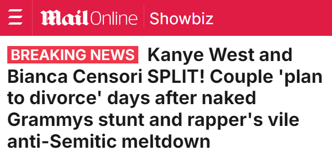 disclosetv's tweet photo. JUST IN - Kanye West and Bianca Censori split. https://t.co/sgRCIHNLc9