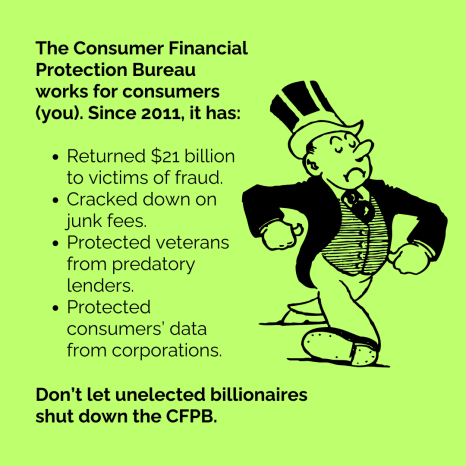 RiseEconomy's tweet image. Don&apos;t let unelected billionaires shut down the #CFPB.
#DefendCFPB #ResistReinvestRebuild