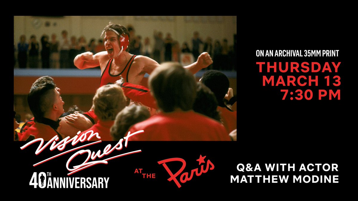 Matthew Modine (@matthewmodine) on Twitter photo I'm thrilled to announce that I'll be hosting a special 40th anniversary screening of Harold Becker's VISION QUEST at the <a href="/ParisTheaterNYC/">The Paris Theater</a>! This might be the only time you'll get to see the film projected from the archival 35mm print on loan from Warner Bros.! If you live in the I'm thrilled to announce that I'll be hosting a special 40th anniversary screening of Harold Becker's VISION QUEST at the <a href="/ParisTheaterNYC/">The Paris Theater</a>! This might be the only time you'll get to see the film projected from the archival 35mm print on loan from Warner Bros.! If you live in the