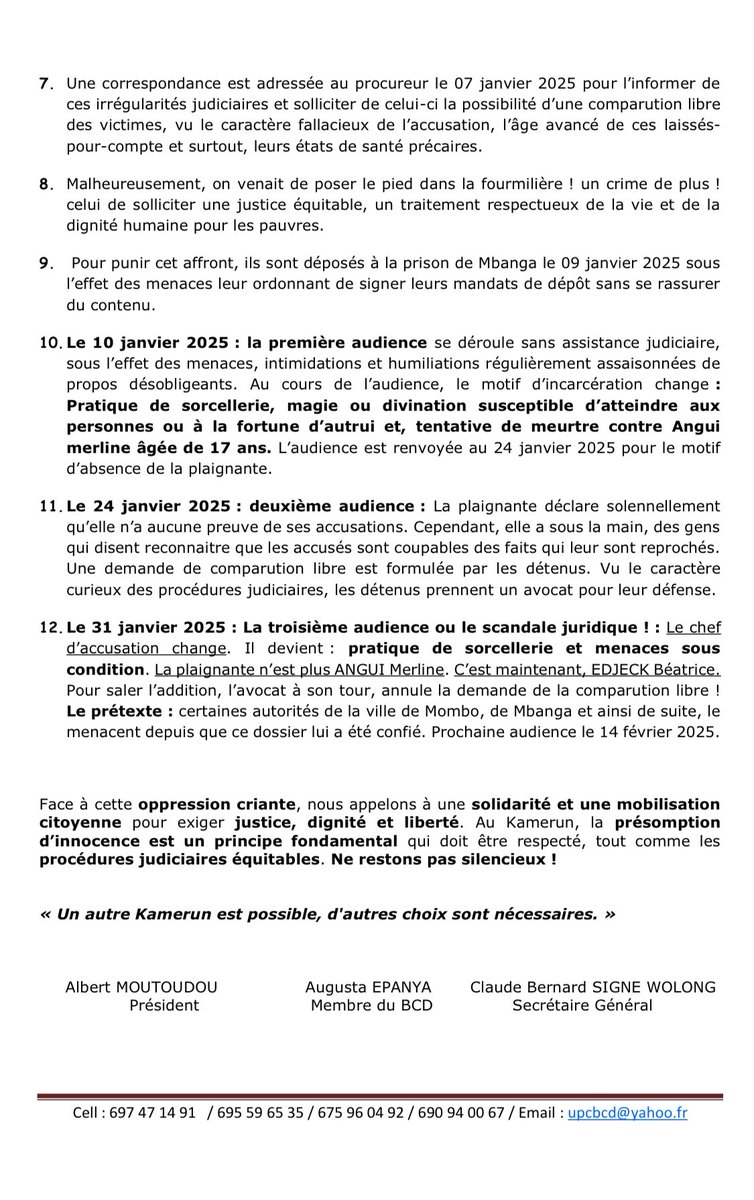 L’UPC-MANIDEM réclame la justice POUR LES SANS VOIX de
Mombo, arbitrairement détenus à Mbanga !
Depuis le 06 janv 2025,Mawassuh Jacqueline, Mouna Njitche, Ngadjeu Aimé, Njonkap Jean et Nguemkam Isaac, la soixantaine fort révolue, sont déportés de mombo à mbanga sans motif avéré.