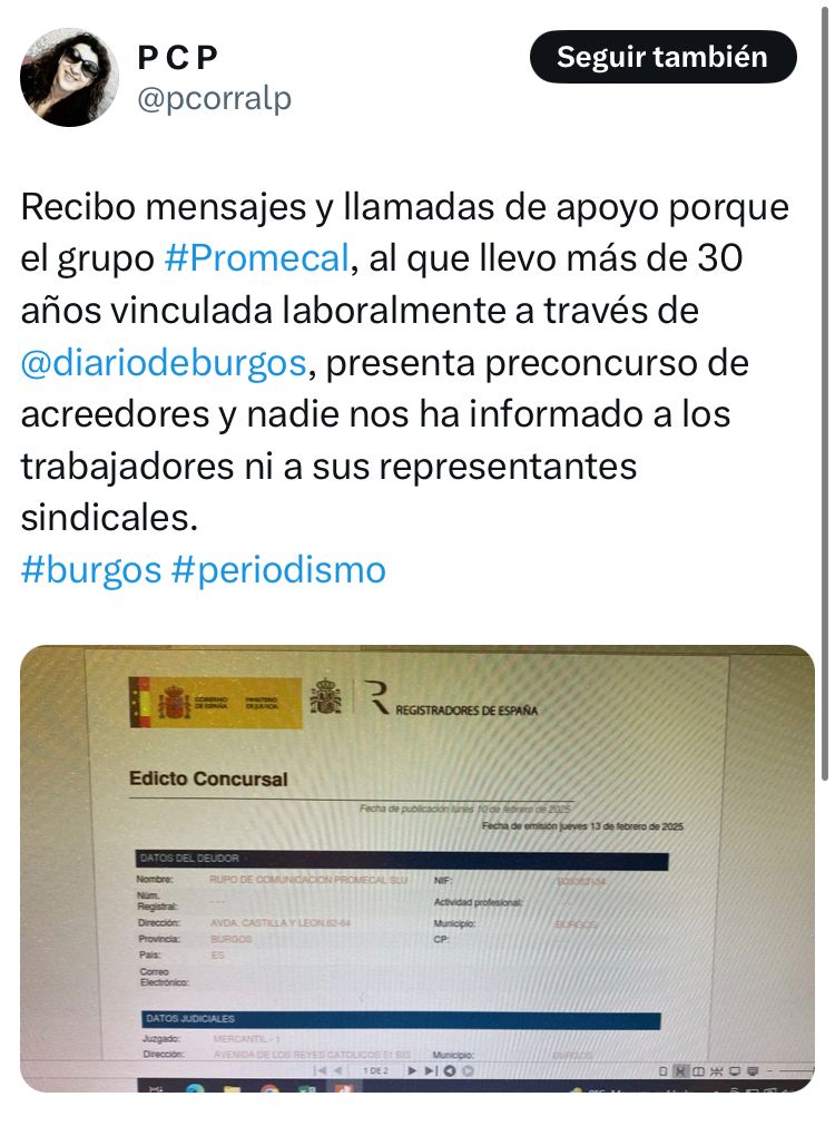 AlbertodelAlamo's tweet photo. El colmo de un periodista es enterarse por otros medios que el diario para el que trabaja entra en preconcurso de acreedores.
De ficción en cualquier lugar pero muy lógico en #Burgos
Toda mi solidaridad con todos los miembros de la plantilla de #Promecal https://t.co/wfORDRbezW