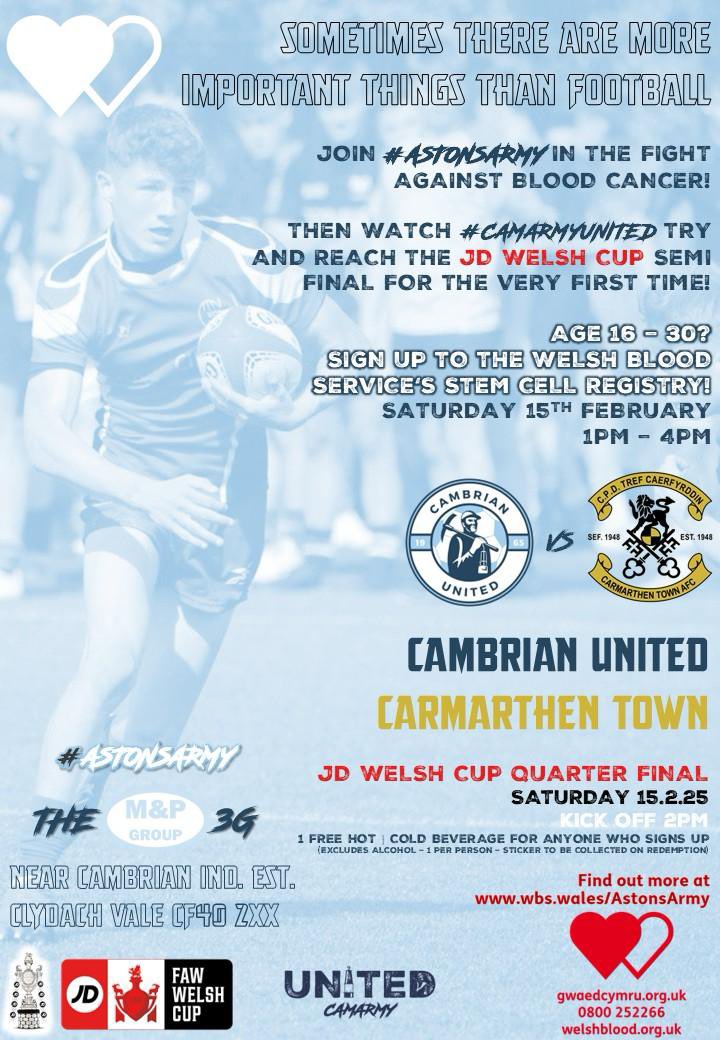 SOMETIMES…THERE ARE MORE IMPORTANT THINGS THAN FOOTBALL!

Come and join <a href="/WelshBlood/">Welsh Blood 🏴󠁧󠁢󠁷󠁬󠁳󠁿</a> in the fight against🩸♋️ and support #AstonsArmy 
We need our #CamArmy to come out in force!! 🙏🏻 

Then support our <a href="/CamUtdMen/">Cambrian United FC</a> as they look to make the <a href="/FAWales/">FA WALES</a> Cup Semi Final for the first time!