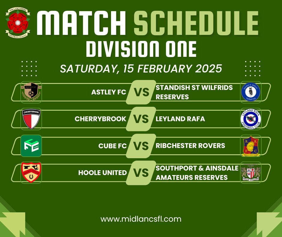 3rd-placed <a href="/AstleyFC/">Astley FC</a> host <a href="/wilfs_fc/">Standish St Wilfs FC 🦉</a> Res in a battle of in-form sides looking to close the gap at the top. Expect a tight contest!

Meanwhile, leaders <a href="/fc_hoole/">Hoole United FC</a> take on <a href="/SnAReserves/">Southport & Ainsdale Amateurs Res</a>, who are desperate to climb the table. Can the visitors cause an upset? 

#MidLancsFL #DivisionOne