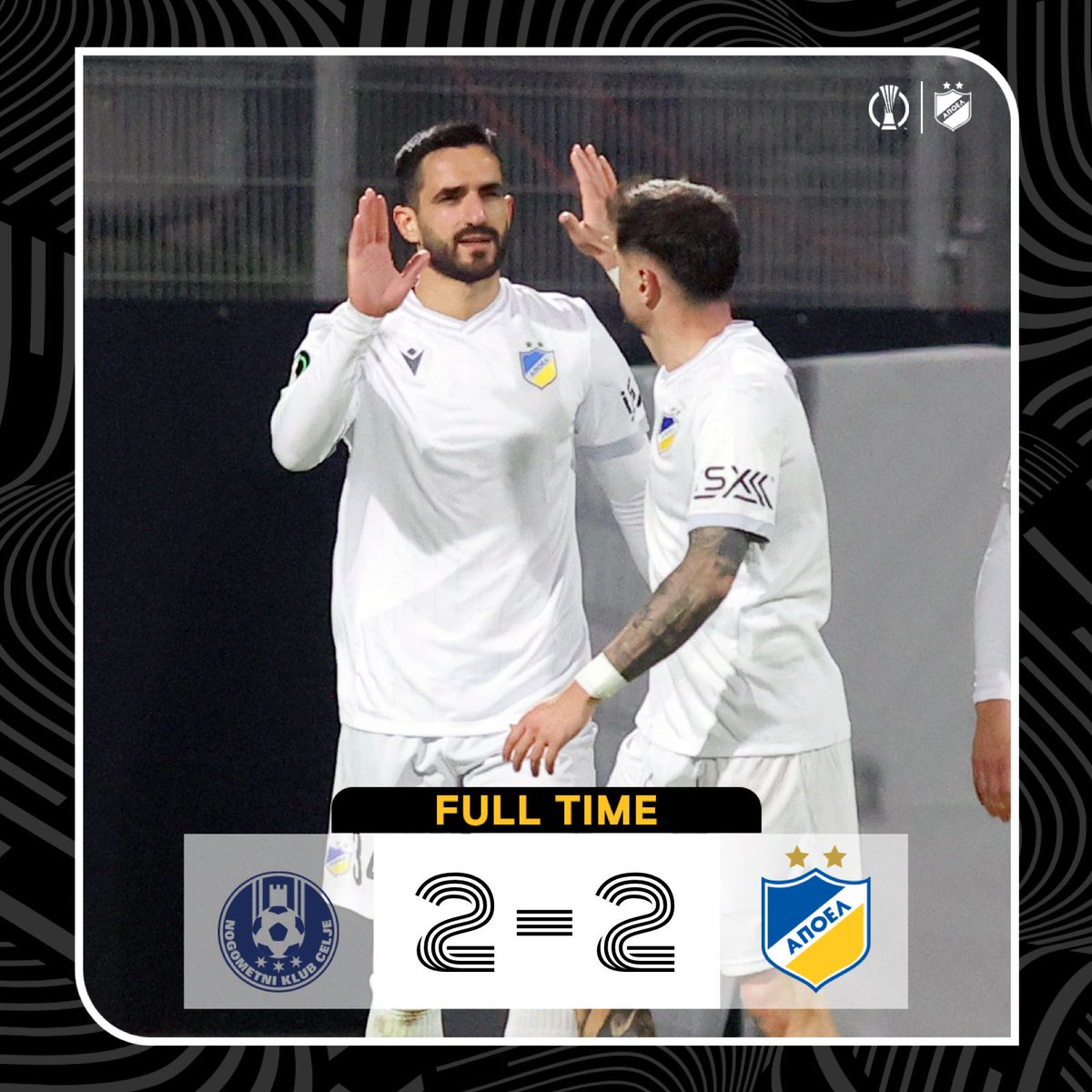 apoelfcofficial's tweet photo. [FT] Ολοκληρώθηκε η αναμέτρηση.
#NKCelje 2-2 #APOELFC (#UECL KOPO-1leg)
⚽️ Kučys 2' 59' - Abagna 33', Laifis 70'

#CLJvAPO #UECL #apoelfclive
#Stoiximan #iroes https://t.co/euH2lRar7s