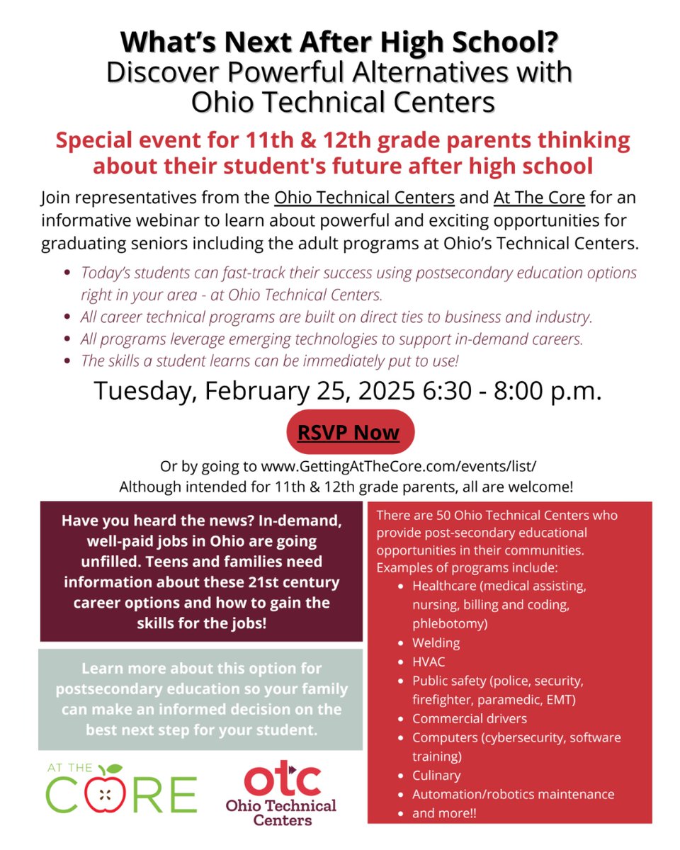 🚀 Discover powerful career alternatives with Ohio Technical Centers and explore well-paid career paths that don’t require a traditional four-year degree. Join us for an informative webinar on February 25, 2025!

Register here: bit.ly/3WY4CtZ

#CareerTechOhio