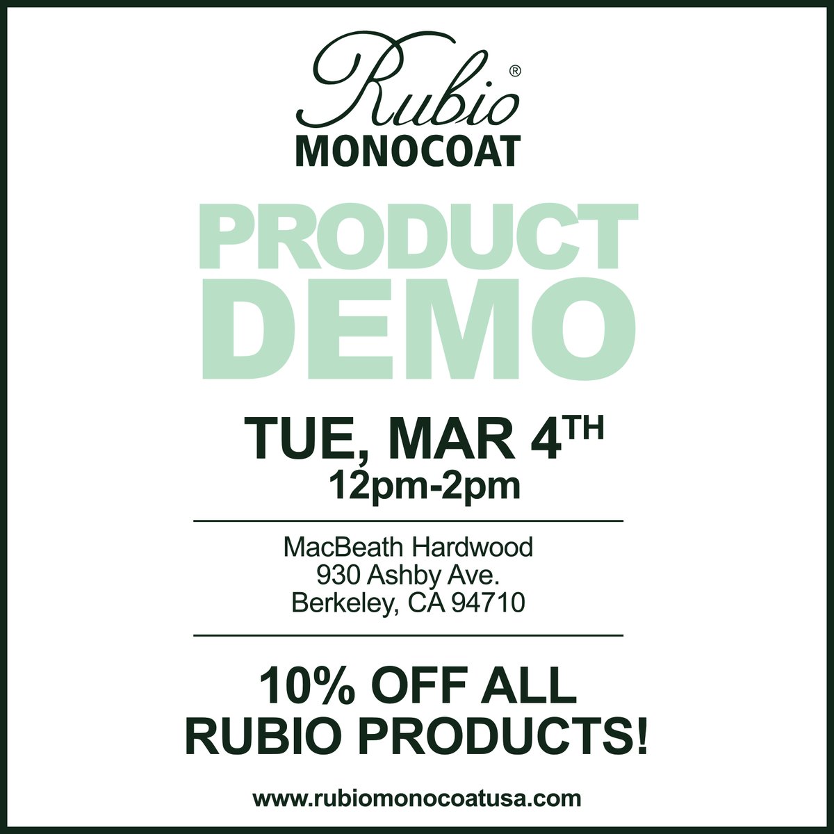 MacBeathHrdwood's tweet photo. IN-STORE EVENT:
Rubio Monocoat is hosting a Product Demo
Tue, March 4th
12pm-2pm
Inside the Berkeley showroom
The perfect time to ask product questions and learn more about this awesome finish!
-
-
-
#macbeath #hardwood #rubiomonocoat #rubio #monocoat https://t.co/7oNnf6HWAs