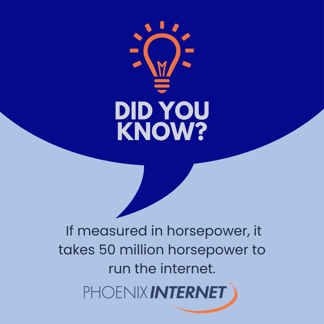 PhxInternet's tweet image. Did you know? 
If measured in horsepower, it takes a whopping 50 million horsepower to run the internet! 🌐🚀 That’s the equivalent of powering millions of cars at once. With Phoenix Internet, you’re tapping into this incredible power with ease. #DidYouKnow  #PhoenixInternet