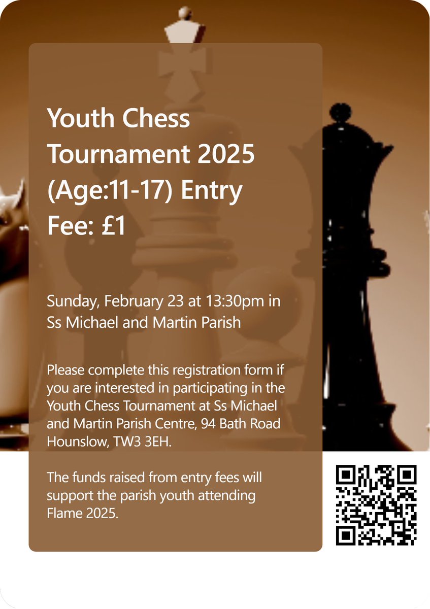 ssmmhounslow's tweet photo. Parish Youth Chess Tournament-Sunday, Feb 23rd, 13:30pm in the Parish Centre.
Calling all young chess enthusiasts (ages 11-17)! Come test your skills at the Parish Youth Chess Tournament. Stay sharp, play bold, and have a great time!
Register: https://t.co/74H45Uzxcj
Entry: £1 https://t.co/KyjO3P0E3m