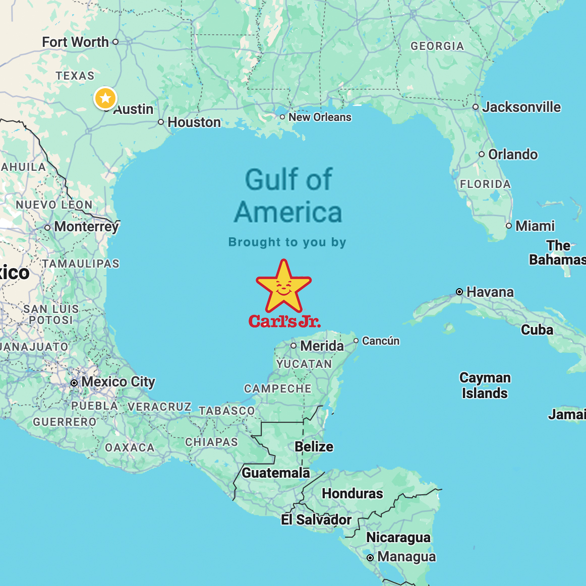 The Gulf of America brought to you by Carl’s Jr! We are in the prequel to the movie #idiocracy.