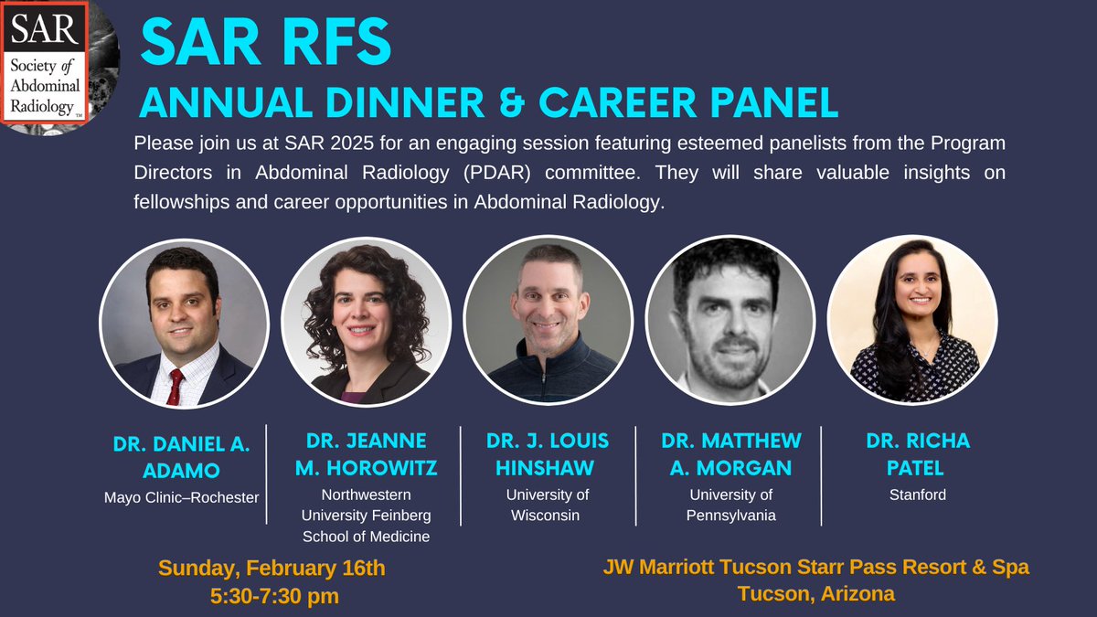🚨 SAR RFS Annual Dinner &amp; Career Panel! 🚨
📅 Sun, 2/16 | ⏰ 5:30–7:30 PM
📍 Tucson E, JW Marriott Tucson Starr Pass
Join us for an evening with top program directors discussing fellowships &amp; careers in Abdominal Radiology. Submit your questions here: docs.google.com/forms/d/1mAk_i…
✅