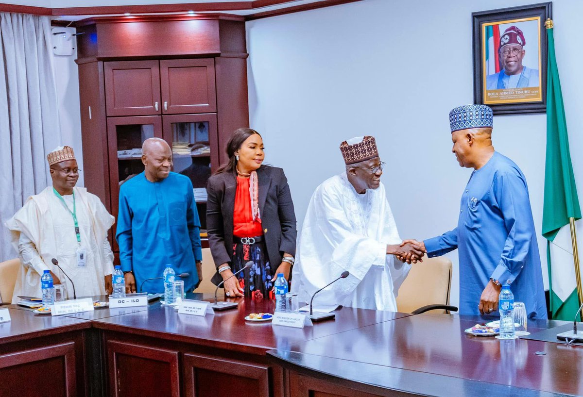 Police_Boi's tweet photo. Earlier today, Honorable Minister of Labour and employment Alhaji Muhammad maigari Dingyadi lead a delegation from the International Labour Organisation (ILO) to paid  a courtesy visit to the Presidential Villa, https://t.co/QpPwuhhrhG