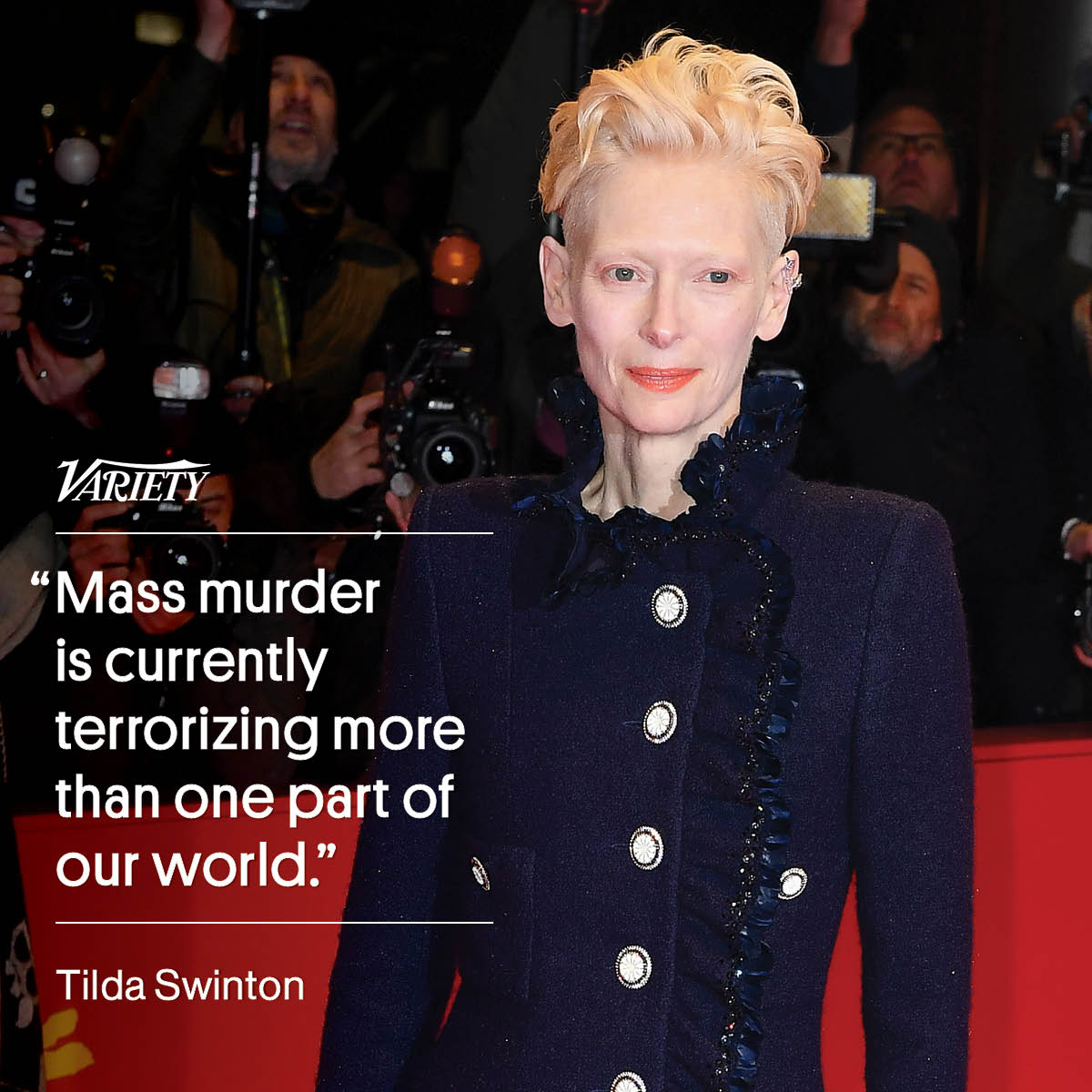 In her speech at the Berlin Film Festival, Tilda Swinton stated that “state-perpetrated and internationally enabled mass murder is currently actively terrorizing more than one part of our world.”

“These are facts. They need to be faced,” she continued. “So for the sake of