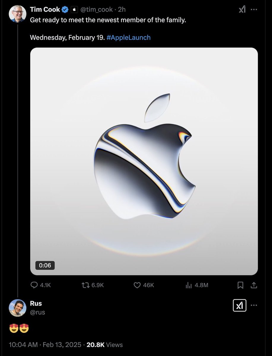 BREAKING
At first I thought it was a fluke that this video was 6 seconds. Then I went through <a href="/tim_cook/">Tim Cook</a> ENTIRE media history. This is the ONLY video he has ever posted that is 6 seconds. This is not a coincidence. $Vine x <a href="/Apple/">Apple</a>  partnership? <a href="/rus/">Rus</a> would never respond to some