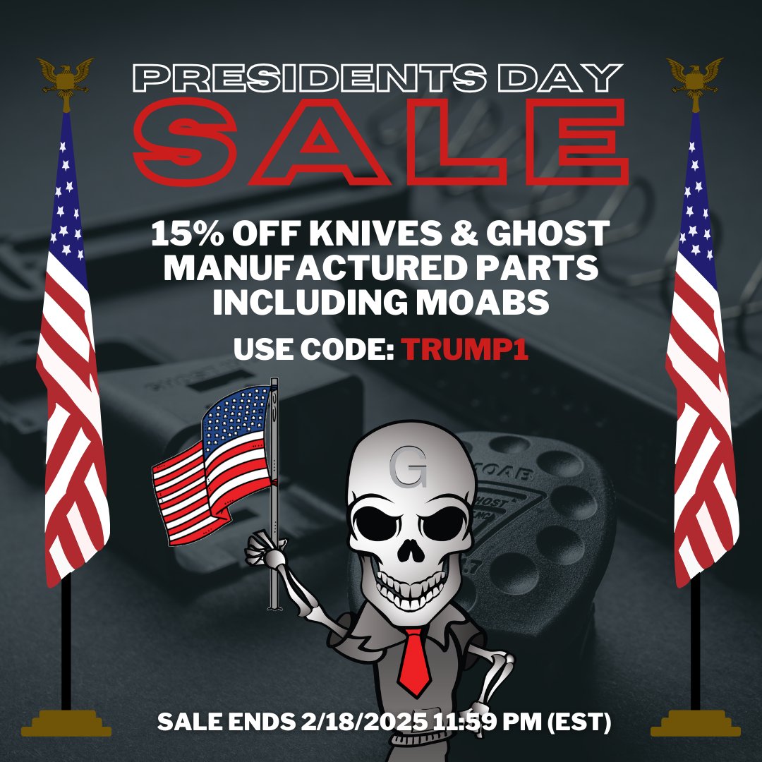 ghost_triggers's tweet image. LAST CALL Don't miss out! Today is the FINAL day to snag 15% OFF knives &amp;amp; Ghost manufactured parts, including MOABs, during our Presidents' Day Sale.  This offer vanishes at 11:59 PM EST! Use code TRUMP1 before it's too late!

#glock #glockperfection #glocks #moab #knives #MAGA
