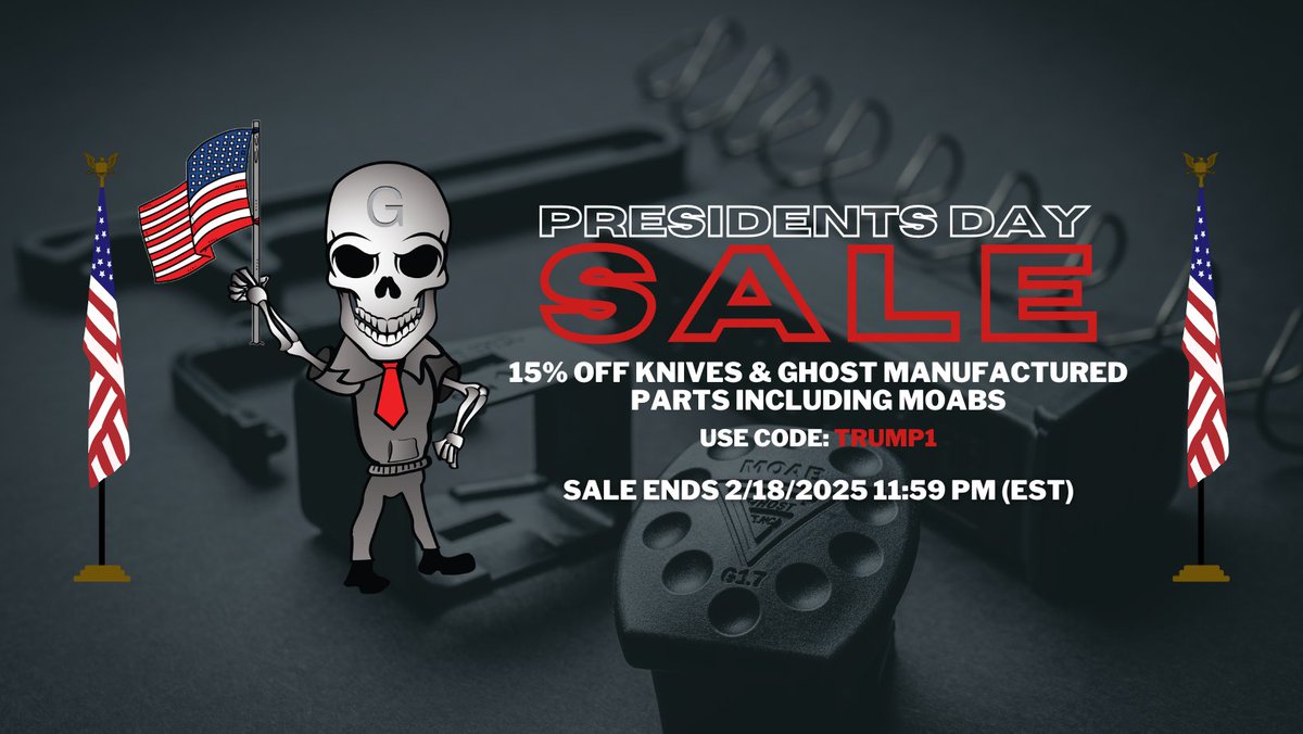 ghost_triggers's tweet image. The clock is ticking!  Our Presidents' Day Sale ends TONIGHT! Get 15% OFF knives and Ghost manufactured parts, including MOABs, with code TRUMP1. Don't wait – shop now before the deals disappear! Shop now at ghostinc.com

 #glockperfection #glocks #moab #knives #MAGA