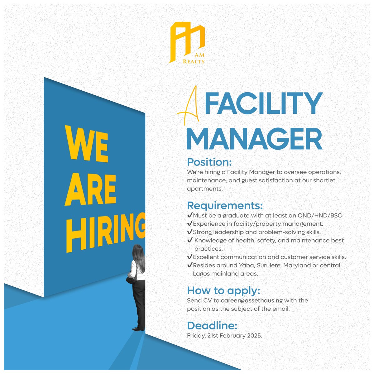 🚨 We’re Hiring a Facility Manager! 🚨
AM Realty needs a Facility Manager to oversee operations &amp; guest satisfaction at our shortlet apartments.
📍 Min. OND/HND/BSC + facility mgmt. experienc
📍 Resides in Yaba, Surulere, Maryland, or central Lagos
📩 Apply: career@assethaus.ng