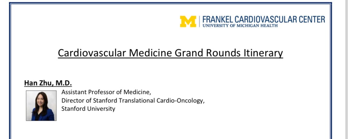 Han Zhu (@hanzhumd) on Twitter photo It was an honor to give cardiology grand rounds <a href="/umichCVC/">U-M Health Frankel CVC</a>! I really enjoyed my visit, and it was exciting to share our recent work in the field of #cardioonc/#cardioimmunology and talk to new collaborators. Thanks so much for the warm welcome, and I look forward to future visits! It was an honor to give cardiology grand rounds <a href="/umichCVC/">U-M Health Frankel CVC</a>! I really enjoyed my visit, and it was exciting to share our recent work in the field of #cardioonc/#cardioimmunology and talk to new collaborators. Thanks so much for the warm welcome, and I look forward to future visits!