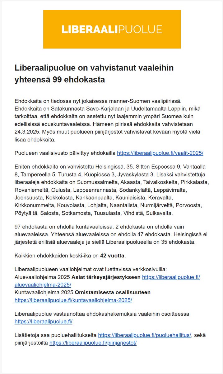 Aarne Leinonen LIB (@aarneleinonen) on Twitter photo 99 vahvistettua ehdokasta Liberaalipuolue.fi #vaalit2025 #kuntavaalit #aluevaalit <a href="/Liberaalipuolue/">Liberaalipuolue</a> 99 vahvistettua ehdokasta Liberaalipuolue.fi #vaalit2025 #kuntavaalit #aluevaalit <a href="/Liberaalipuolue/">Liberaalipuolue</a>