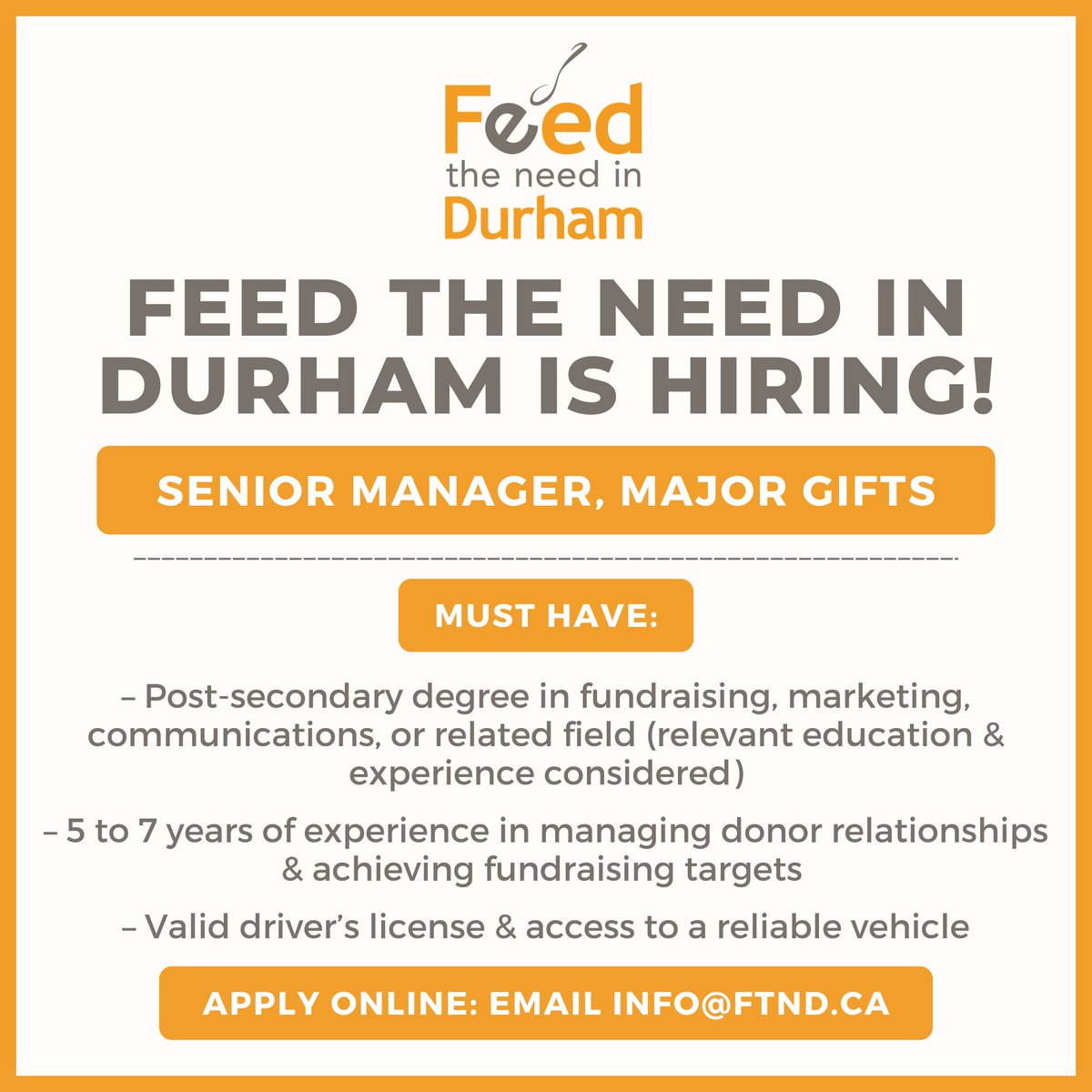 We are #hiring a Senior Manager, Major Gifts!

If you have a passion for eliminating food insecurity and experience in achieving fundraising targets &amp; managing donor relationships, apply today!

Learn more: feedtheneedindurham.ca/about/media/ne…!