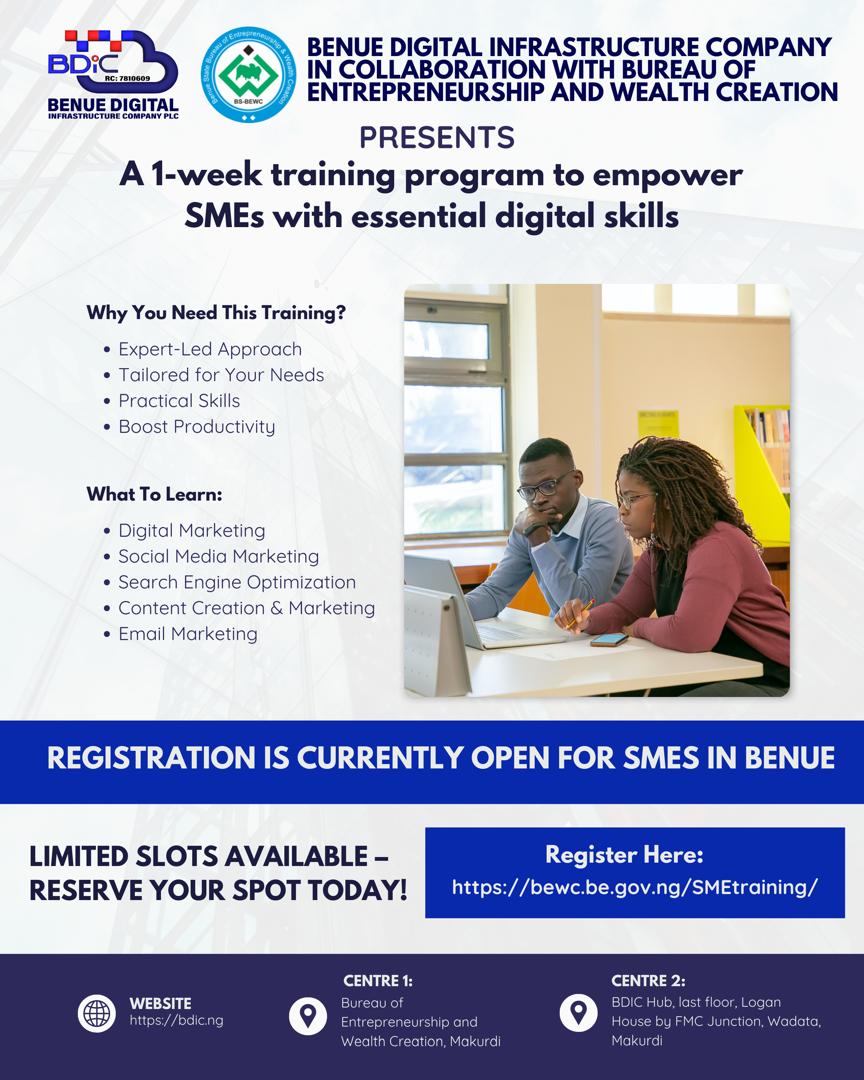 bdicplc's tweet photo. Empower Your Business with Digital Skills!

Are you an SME owner in Benue looking to boost your business online? Join our 1-week training program and gain essential digital skills in digital marketing, SEO, content creation, and more! https://t.co/1ynIQQ2E3b