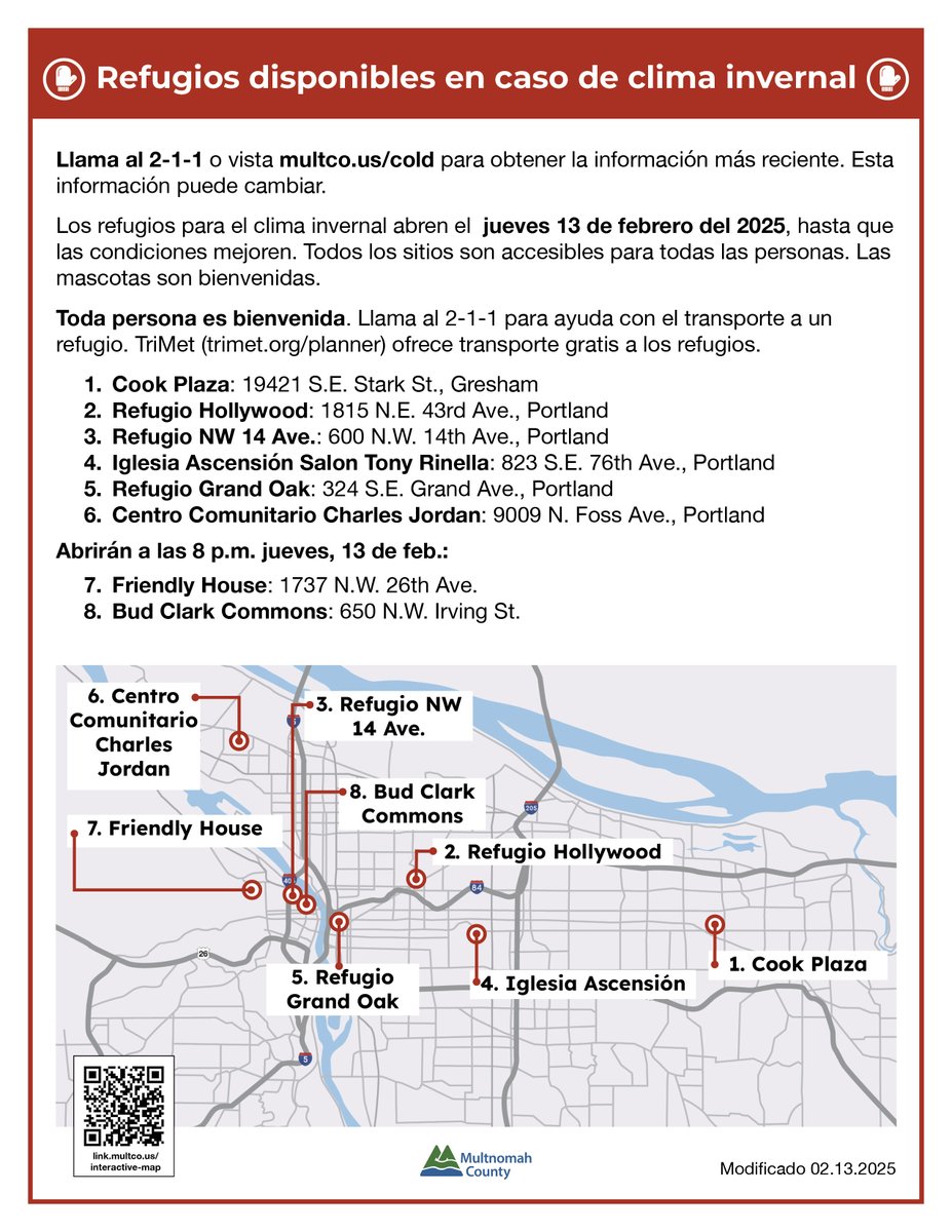 PLEASE SHARE: Six emergency shelters are open and will remain open — through *at least* 12 pm on Feb 14.

W/forecasts again meeting severe weather thresholds, 
MultCo is also adding beds at those sites and opening two more sites, starting at 8 pm tonight:
multco.us/news/news-rele…