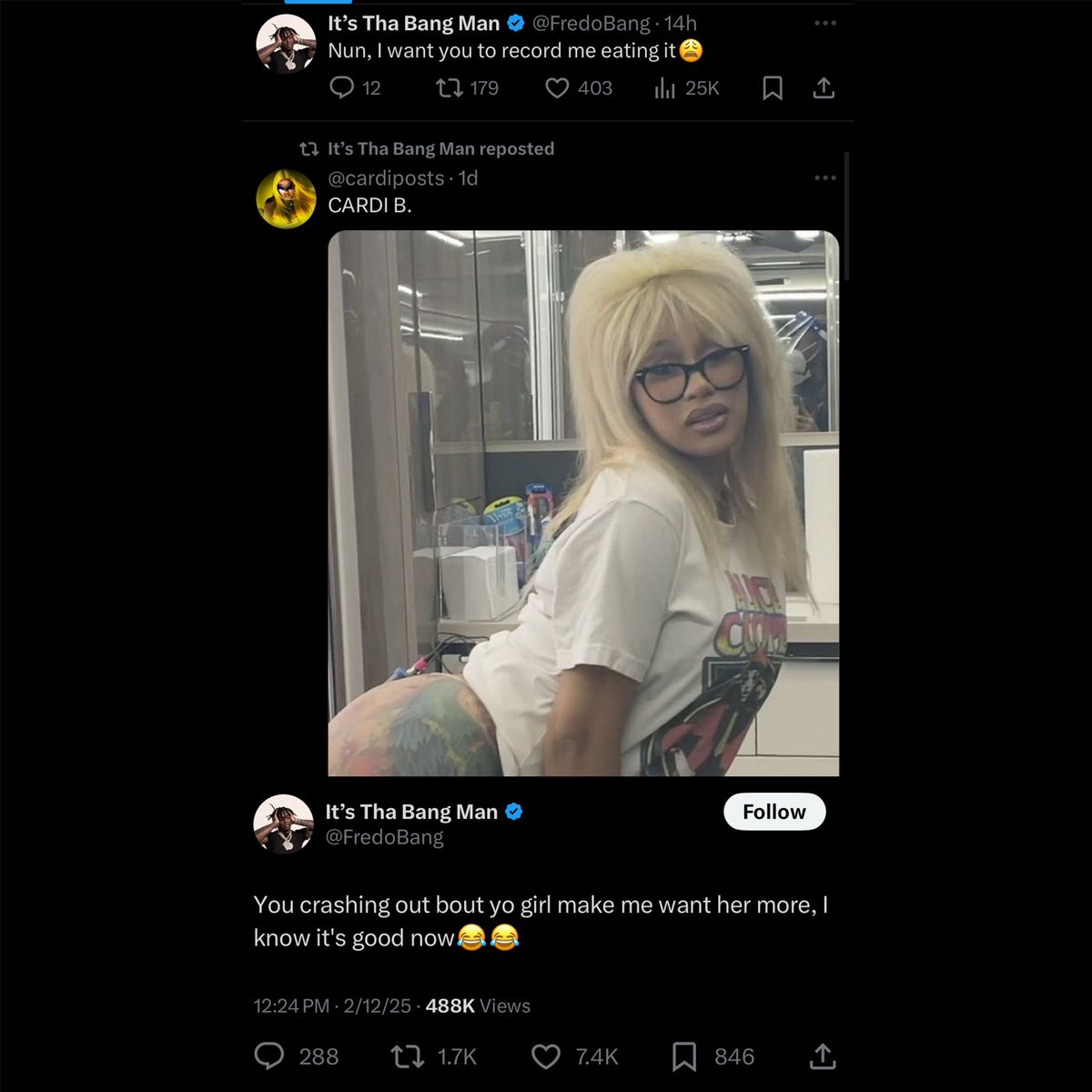 BardisMedia's tweet photo. Offset must’ve called Fredo Bang about flirting with Cardi.. but his new btch badder right😂? https://t.co/gfqrsyh0ET
