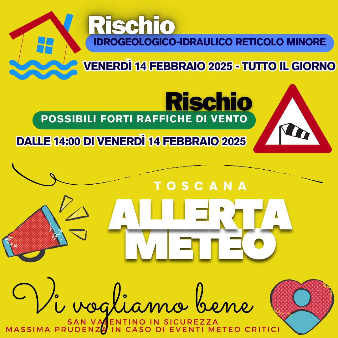 #AllertaMeteoTOS

Rischio Allagamenti-Frane in caso di forti piogge
Rischio Vento Forte

VENERDI' #14febbraio in #Toscana

#PCSesto #ProtezioneCivile #SestoFiorentino #Firenze #Arezzo #Grosseto #Livorno #Lucca #MassaCarrara #Pisa #Pistoia #Prato #Siena #SanValentino #Amore