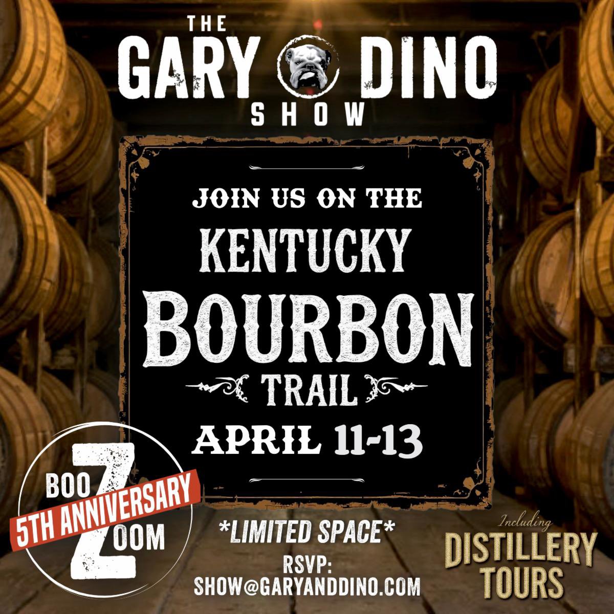 garyanddino's tweet photo. We're headed to the MOTHERLAND of BOURBON for the 5th Anniversary of BooZoom!
 
Celebrate 5 YEARS of the longest running weekly virtual party on the planet w/ a 3 day trip to the Kentucky Bourbon Trail!

RSVP NOW: show@garyanddino.com

Limited space in our AirGND &amp; GND Tour Van https://t.co/zlpSKooZDU