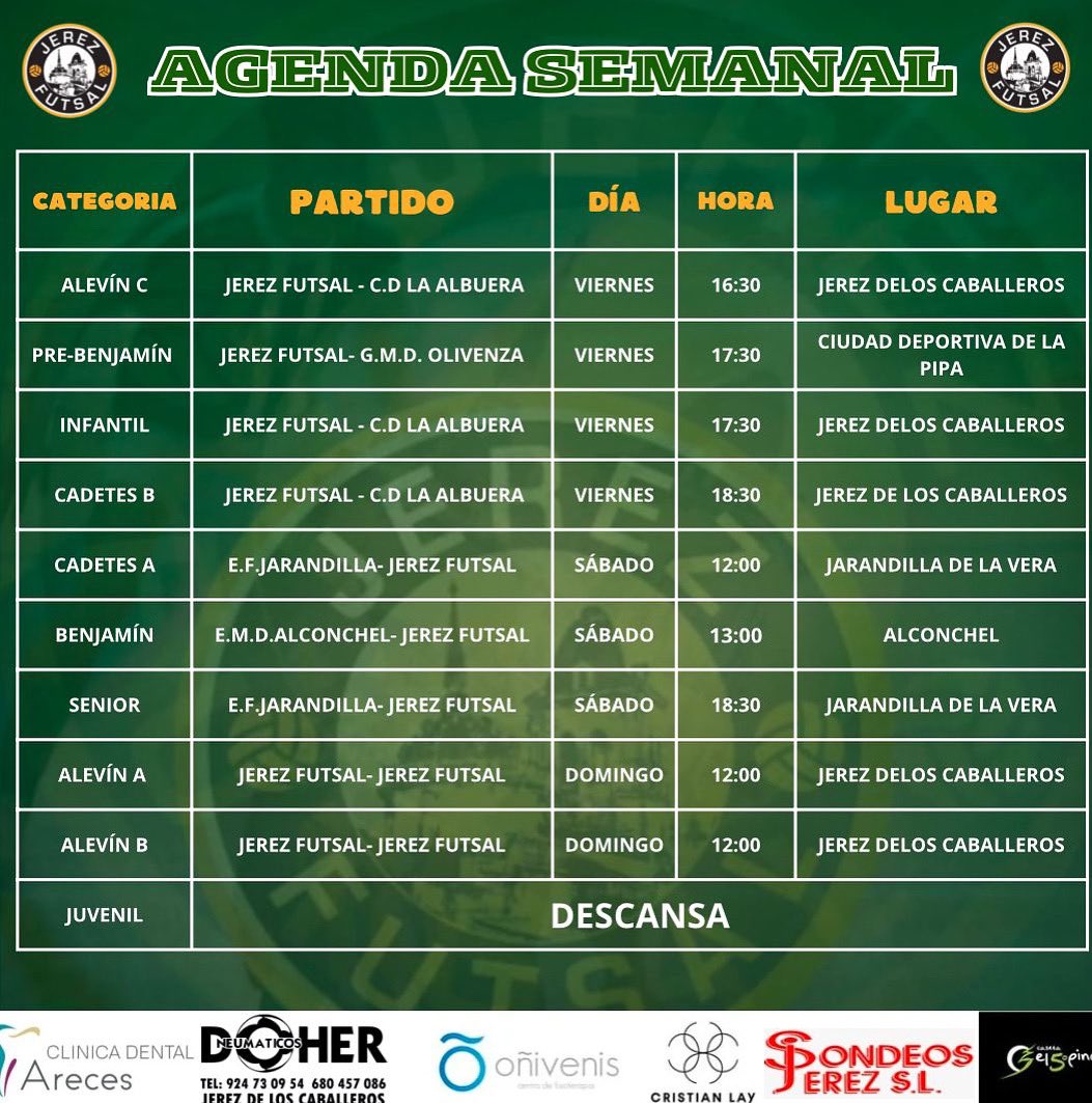 🅐🅖🅔🅝🅓🅐 🅢🅔🅜🅐🅝🅐🅛

👉Como cada semana les dejamos todos los partidos de toda nuestras categorías base y primer equipo.

¡¡A disfrutar!! 💚💪🏻

👇𝑨𝒒𝒖𝒊 𝒐𝒔 𝒅𝒆𝒋𝒂𝒎𝒐𝒔 𝒍𝒂 𝒂𝒈𝒆𝒏𝒅𝒂 𝒅𝒆𝒍 𝒇𝒊𝒏 𝒅𝒆 𝒔𝒆𝒎𝒂𝒏𝒂👇

#10añosJerezFutSal
#SigamosHaciendoHistoria