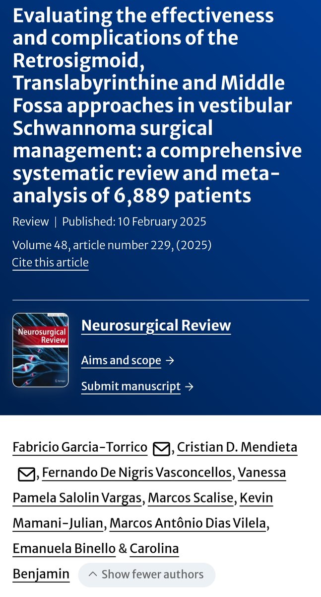 🚀 Thrilled to share our latest research! We conducted a meta-analysis of 6,889 patients, comparing surgical approaches for #VestibularSchwannoma. Focused on hearing, facial nerve function, and complications🧠
#Neurosurgery #Brainsurgery #Neuroscience

🔗:link.springer.com/article/10.100…