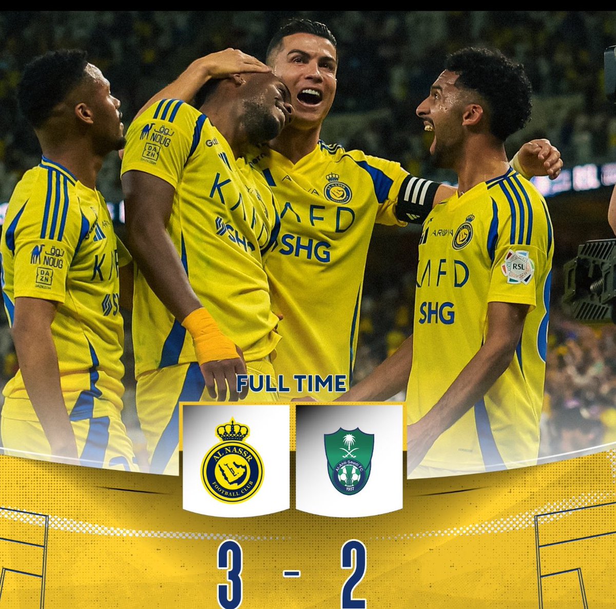 النصر يتفوق على ظروفه وظروف المباراة وبعدها الاهلي ويقلص الفارق مع المتصدر والوصيف ويدخل سباق المنافسة٠

مبرووووك للعالميين💙💛

#النصريغرق_الاهلي_في_بحرجدةويغني
#الاهلي_النصر 
#جون_دوران
#فوزالنصر