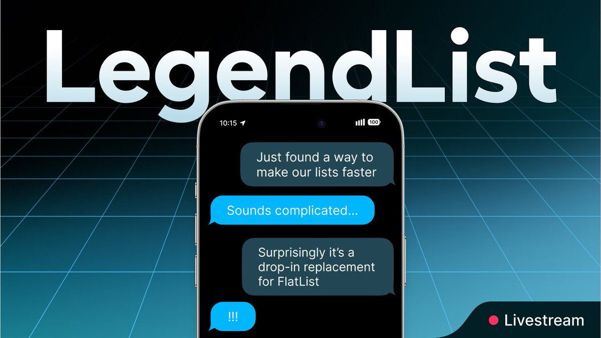 expo's tweet image. 🎙️ The man, the myth, the creator of LegendList, @jmeistrich joins the livestream next week to demo his Olympic caliber list performance. 

Hop into the stream to ask all your questions about FlashList and FlatList and how to test out LegendList for your projects.…