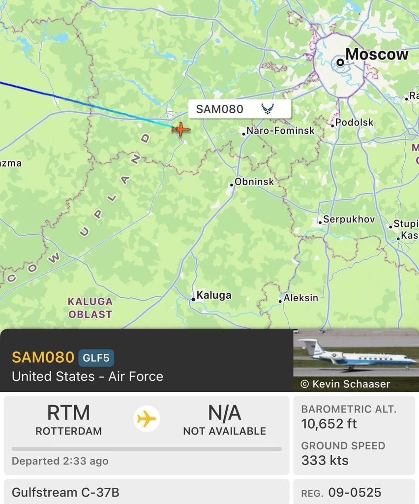TRPT_sol's tweet photo. Right now, a US Air Force C-37B VIP passenger plane from Washington, carrying a diplomatic delegation, is preparing to land in Moscow!!!

The negotiation process for peace begins

$TRPT #Trump #Putin #Peace #CRYPTO https://t.co/bfgDldAnZK