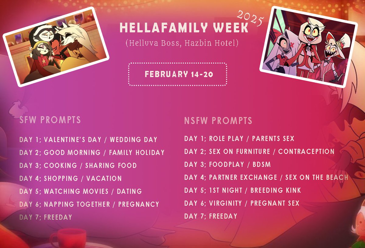hellavers's tweet photo. It starts tomorrow!
#Hellafamilyweek
🎉🎉

A week both for #HelluvaBoss and #HazbinHotel with a theme Family.

And we can't wait to see your submissions💕 https://t.co/ZHloWljZlv