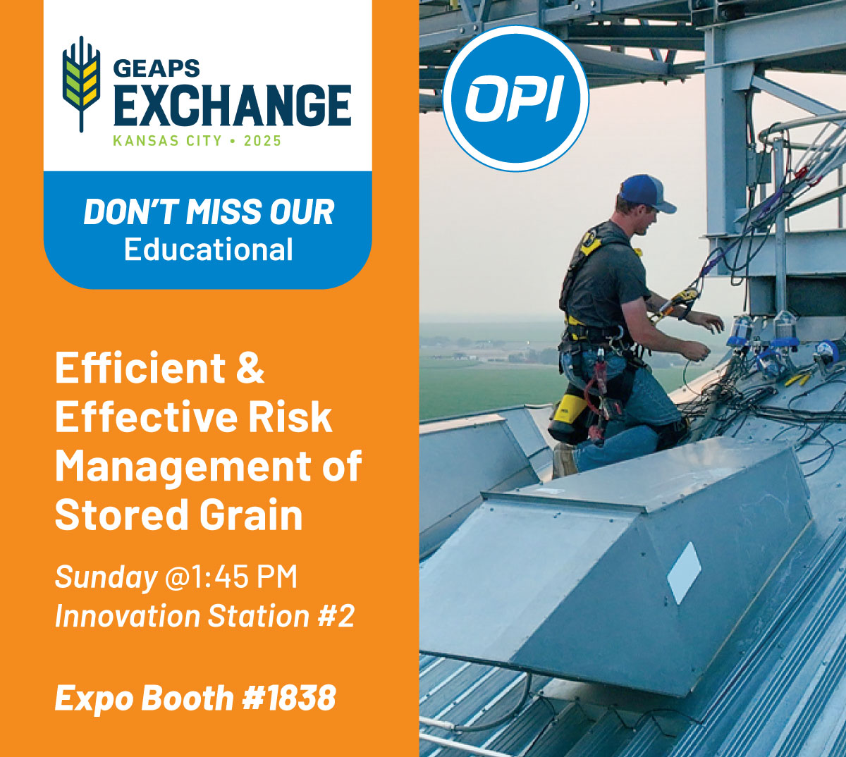 OPIAgSolutions's tweet photo. Don't miss us at GEAPS Exchange next week in booth 1838 AND join our own Kent Wingert at 1:45 p.m. at Innovation Station 2 on Feb 23 as he talks about Efficient & Effective Risk Management of Stored Grain. https://t.co/Ws4MpxOGRe #GEAPS #GEAPSExchange25 #GEAPS25 #grainmanagement https://t.co/We06Birg8B