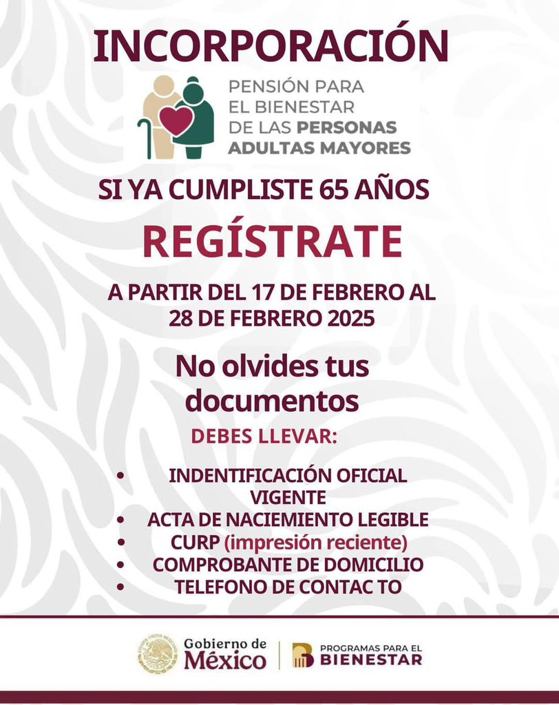 ArmentaMag14966's tweet photo. 🚨Si ya cumpliste los 65 años, ya te puedes registrar a la Pensión para el Bienestar de personas ADULTAS MAYORES.

Los registros serán del lunes 17 de Febrero al 28 de Febrero del año 2025. 🗓️

Anexo. Requisitos para la inscripción 🙋🏻‍♀️ https://t.co/s8ffLqzNPh