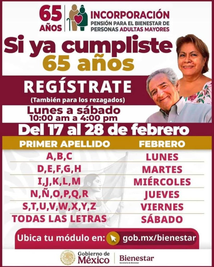 ArmentaMag14966's tweet photo. 🚨Si ya cumpliste los 65 años, ya te puedes registrar a la Pensión para el Bienestar de personas ADULTAS MAYORES.

Los registros serán del lunes 17 de Febrero al 28 de Febrero del año 2025. 🗓️

Anexo. Requisitos para la inscripción 🙋🏻‍♀️ https://t.co/s8ffLqzNPh