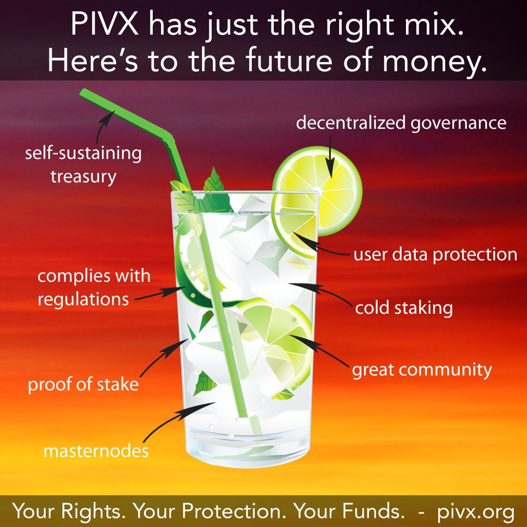 PivxMemes's tweet photo. Refreshing, balanced, and built to last. ๐ฅ PIVX blends privacy, decentralization, and sustainability into the perfect mix for the future of money. ๐๐ #CryptoCocktail #PIVX #TheRightMix https://t.co/zdFgsFssE0