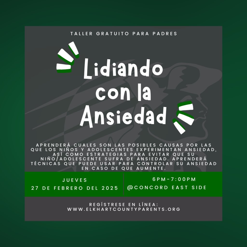 Concord families: Join us at our last Triple P workshop for the school year!  Our topic this month is “Coping with Anxiety”. Childcare will be provided. You can register by calling 574-226-0160 or online at bit.ly/4ghare7.  
More information below.