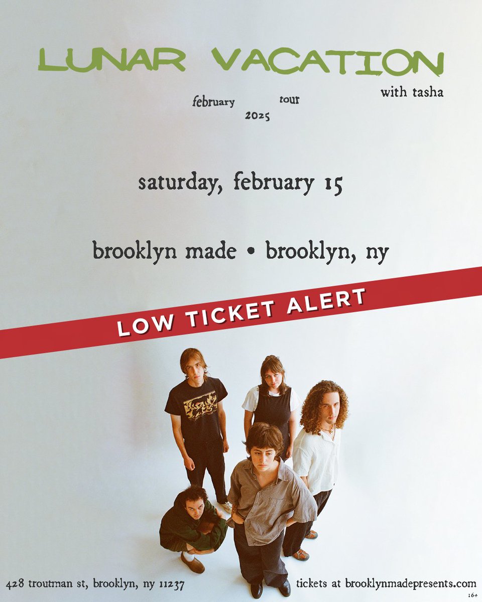 LOW TICKET ALERT 🚨 Tickets are selling fast for @lunar_vacation this Saturday, February 15 at Brooklyn Made with <a href="/wowtashawow/">tasha</a>. Get your tickets while you still can: bit.ly/4ez5StZ